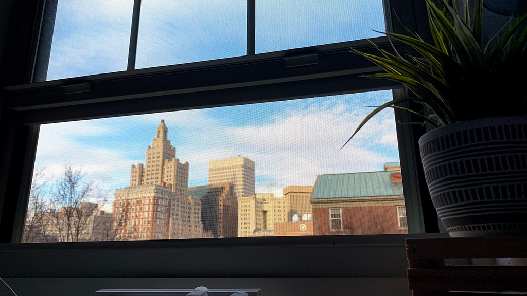 The Providence skyline from a window.
