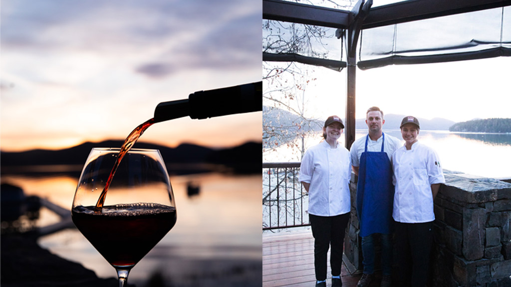 photo collage of a glass of wine being poured against a sunset, left, and three people posing inside a restaurant, right