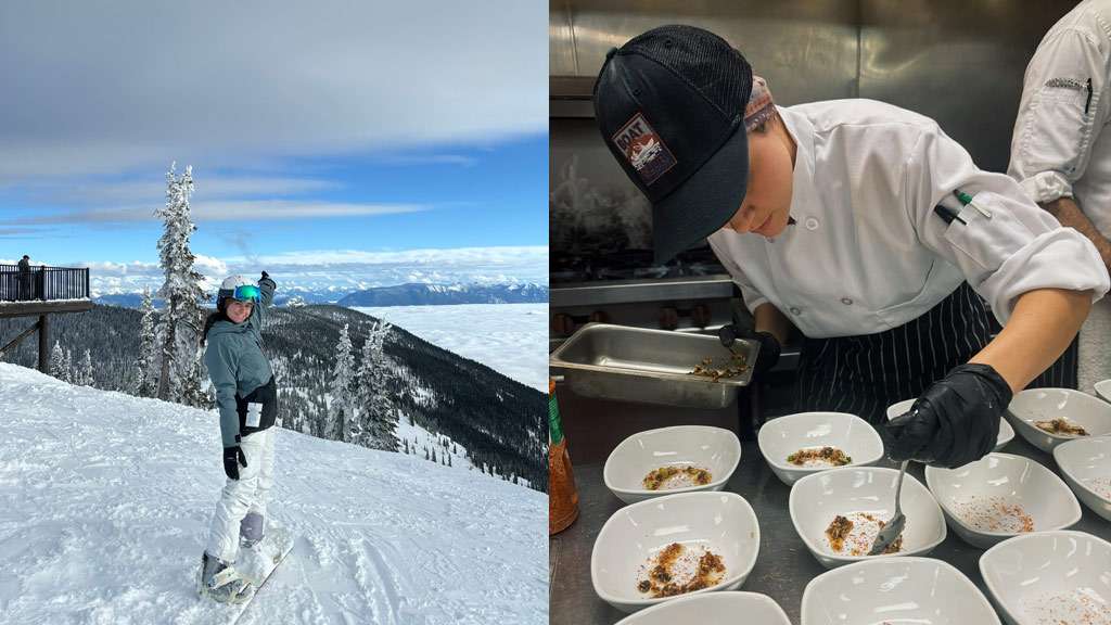 photo collage of a woman on a snowboard on a mountain paired with her bent over spooning food into dishes in a restaurant kitchen