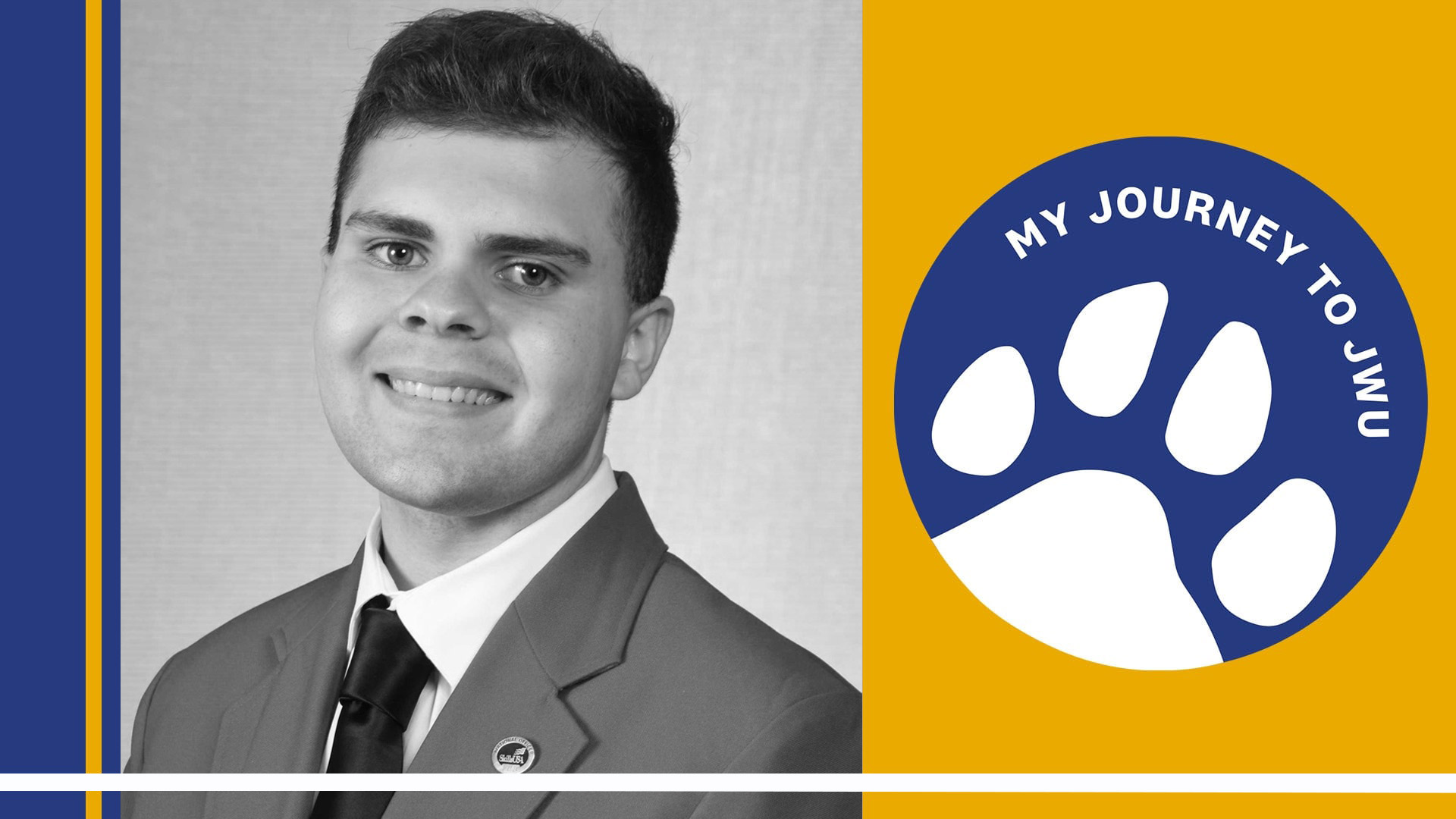 banner photo of Tyler Miles '28 and My Journey to JWU logo