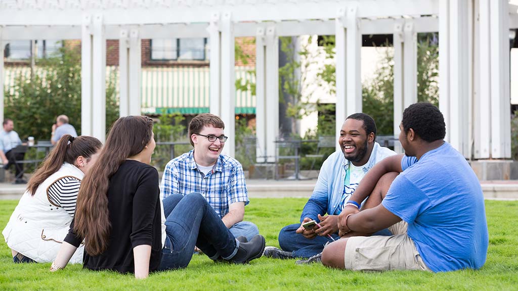 Students sit on a grassy area in Romare Bearden Park.