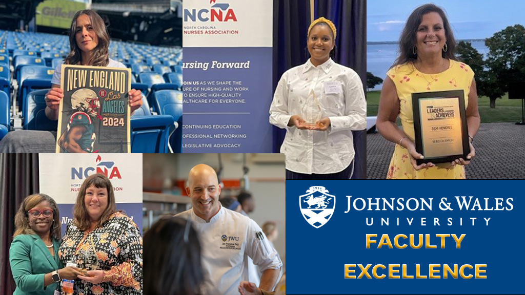 a collage of photos showing different faculty members with a JWU logo and "Faculty Excellence" included