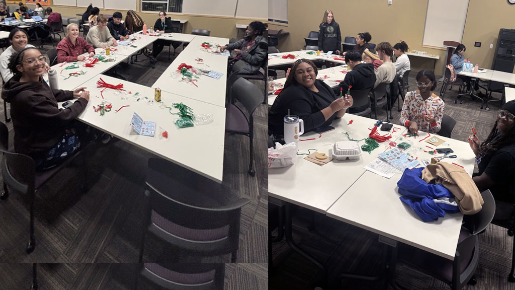 a collage of two photos showing groups of students making ornaments around tables