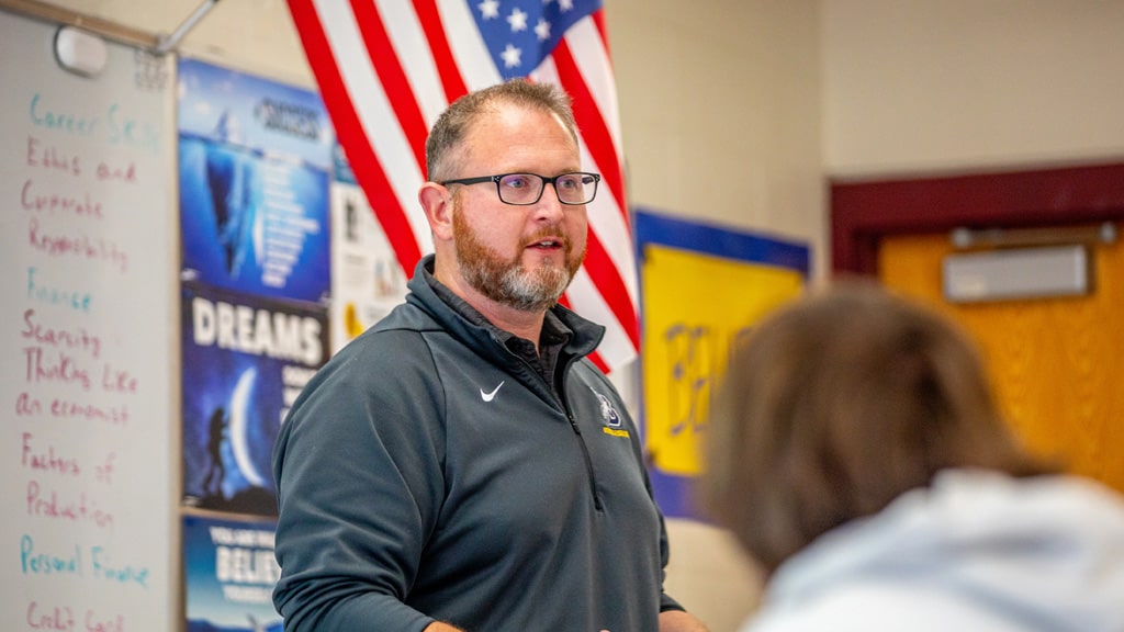 Greg Hogan '25 M.A.T. teaching his high school students at Burrillville High School